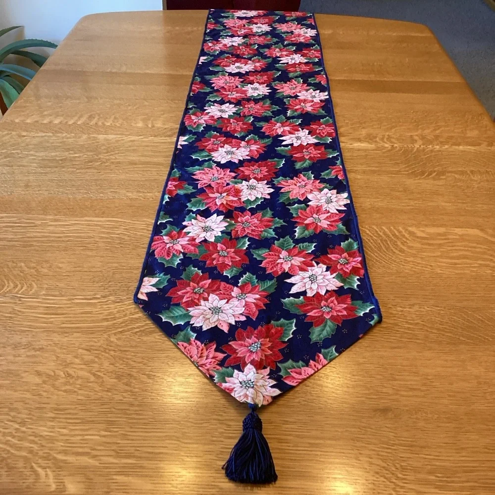 Christmas Table Runner Poinsettias 69 X 13 Blue Background Tassels Holiday Linen